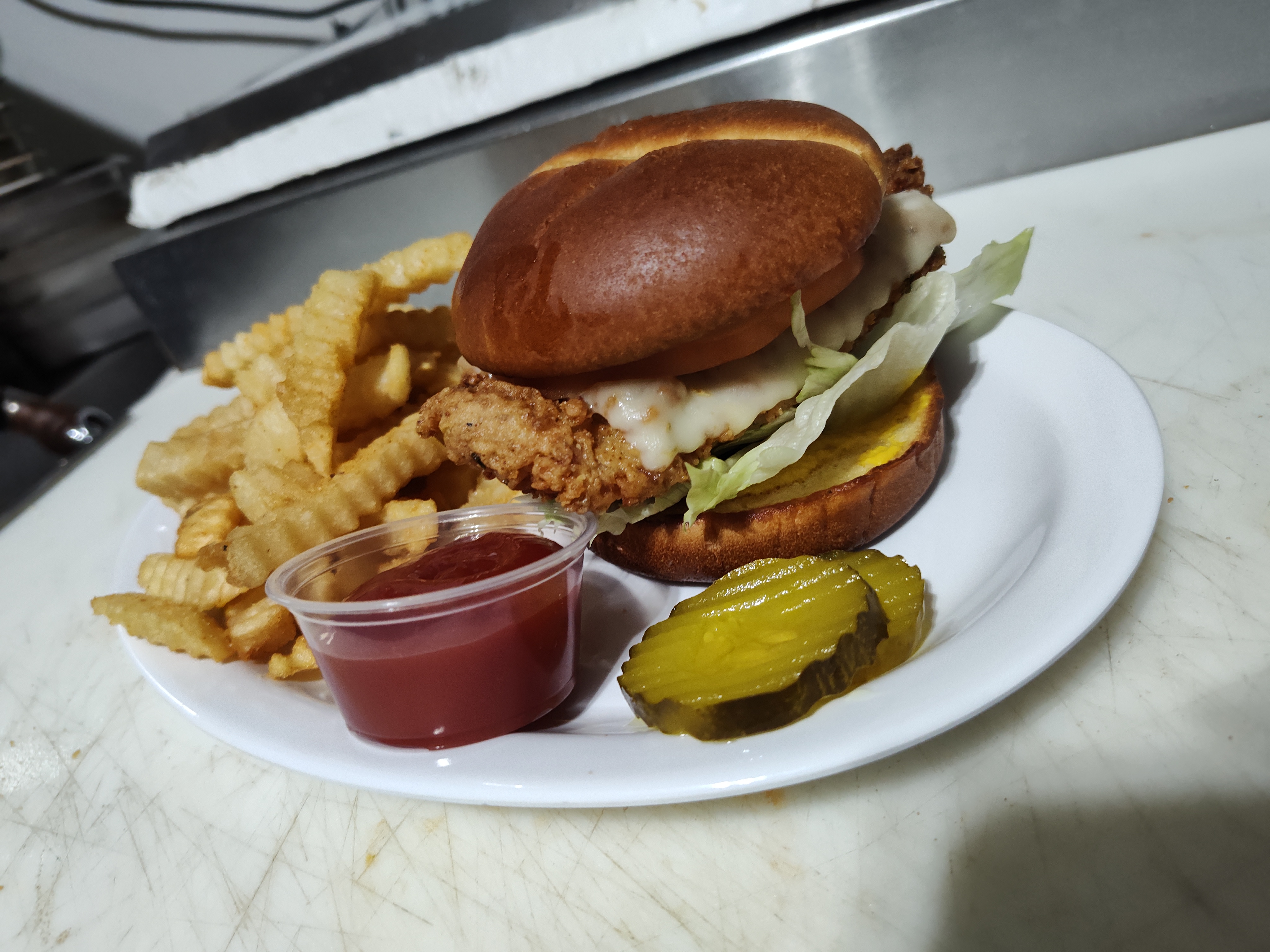 Fried pork chop sandwich with fries.