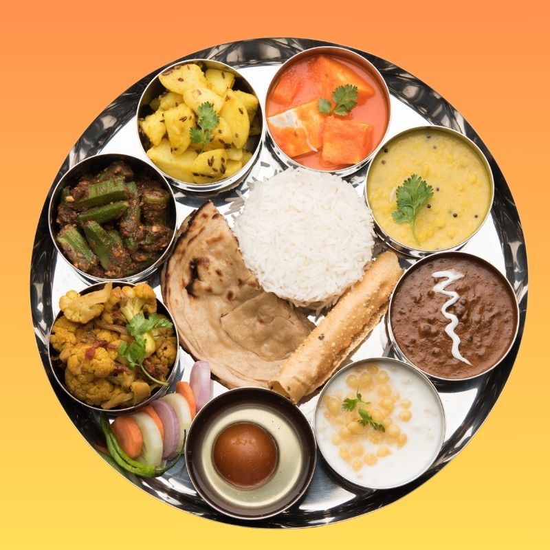 8 Oz main curry served with Rice, Naan, Dal curry, Vegetable curry, Fry Curry, Sambar, Rasam, Yougurt, Pickel, Pappad and Sweet