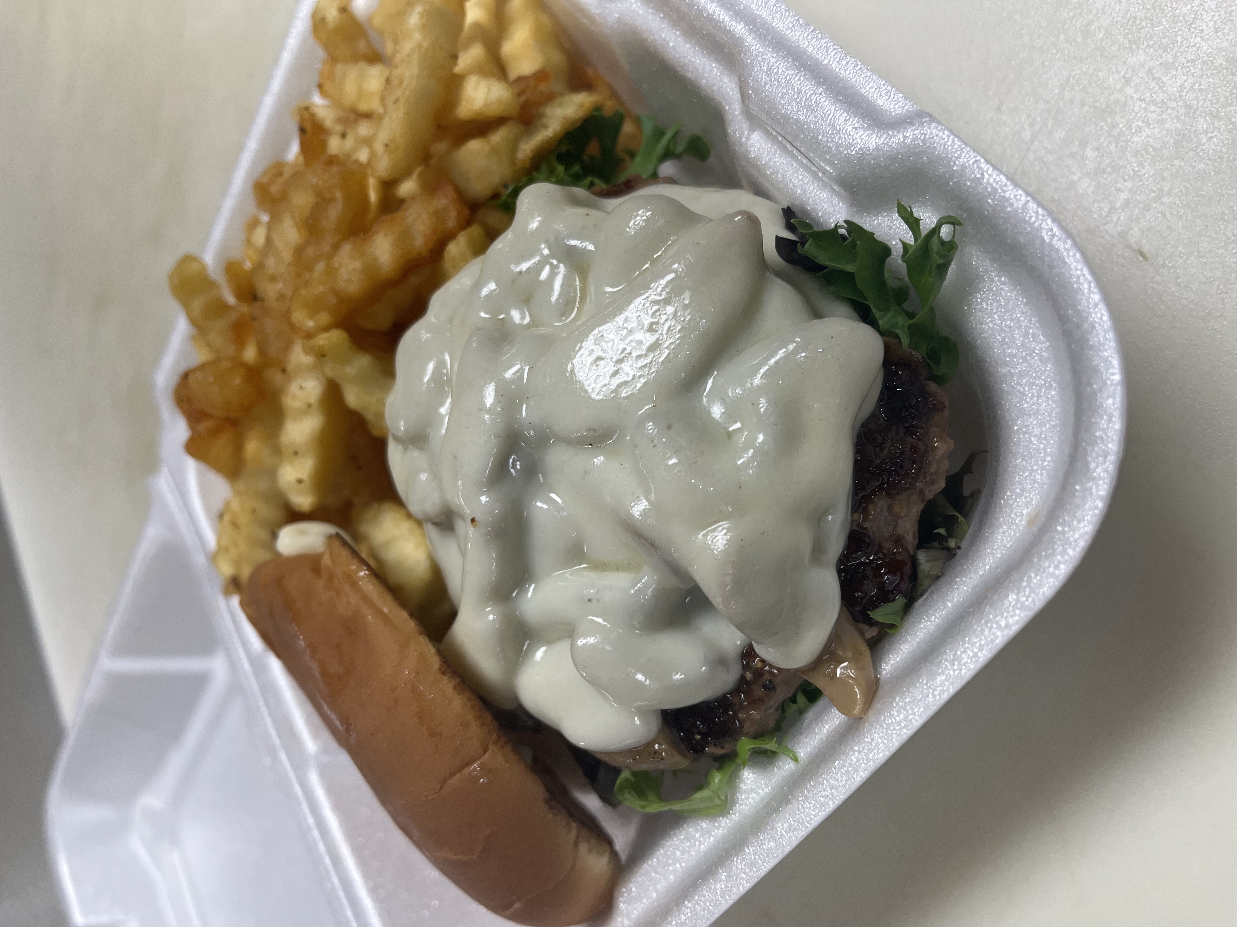 Grilled urged Topped with Sautéed Mushrooms & Creamy Swiss Cheese.